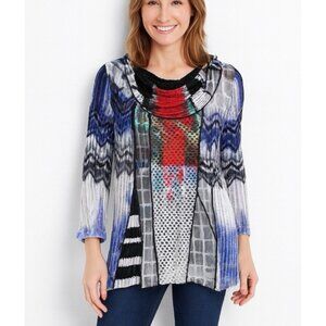 ALI MILES shirt top blouse tunic cowl neck mixed pattern patchwork boho LARGE